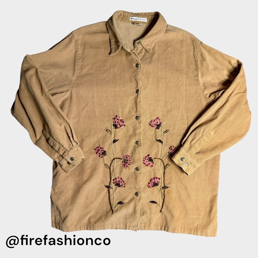 Maggie & Max Vintage Tan Corduroy Shirt 1X Floral Embroidered Button Down